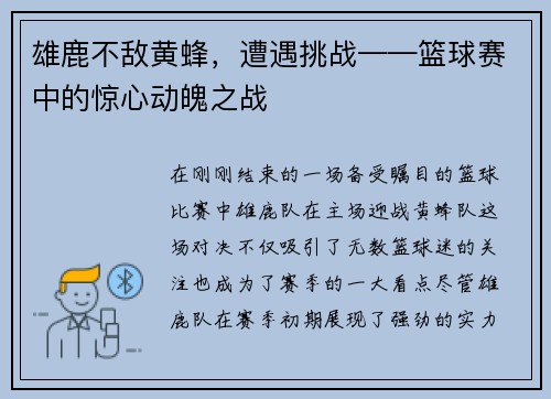 雄鹿不敌黄蜂，遭遇挑战——篮球赛中的惊心动魄之战